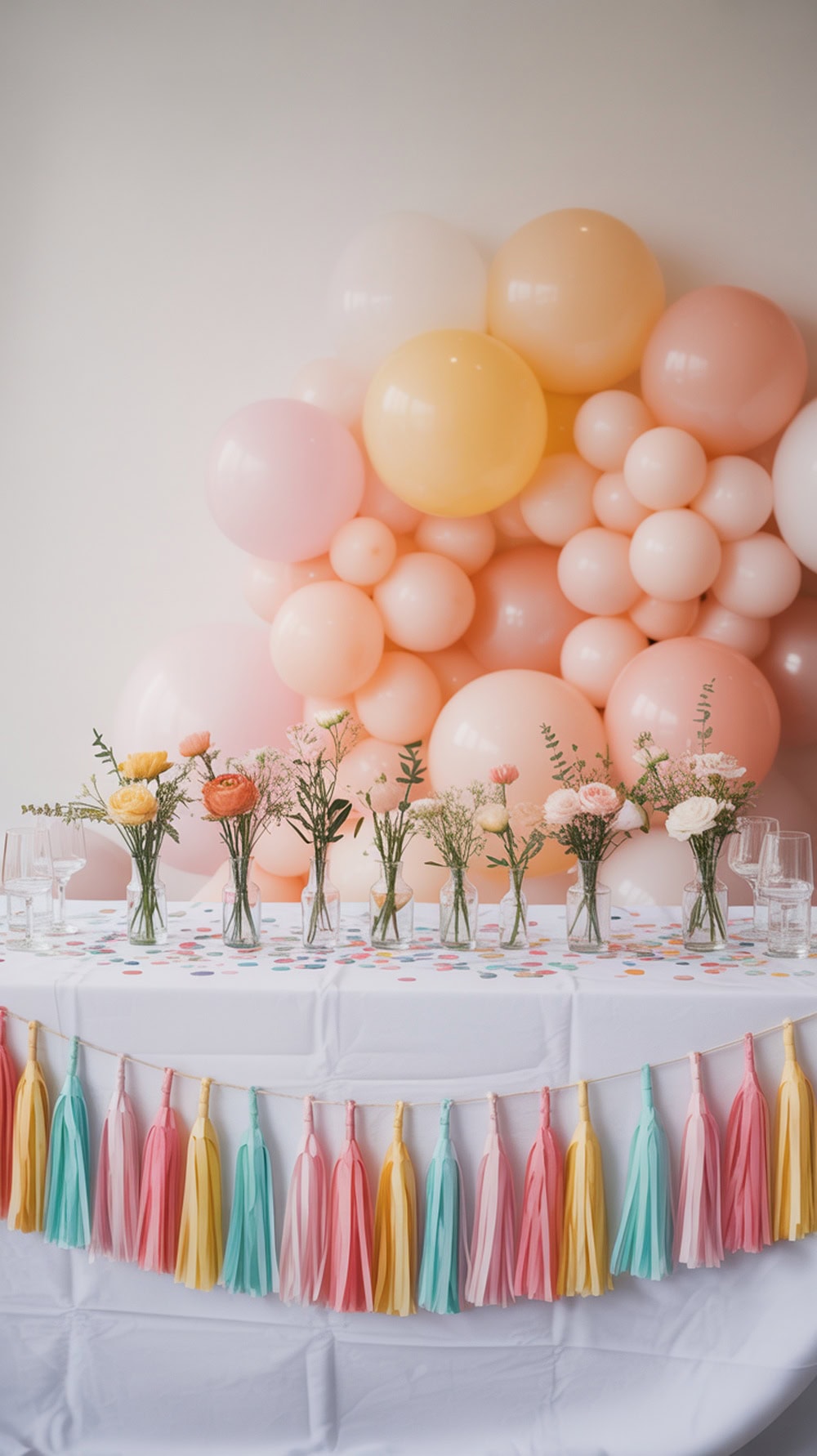 A graduation party table decorated with a tassel garland, colorful balloons, and flower vases.