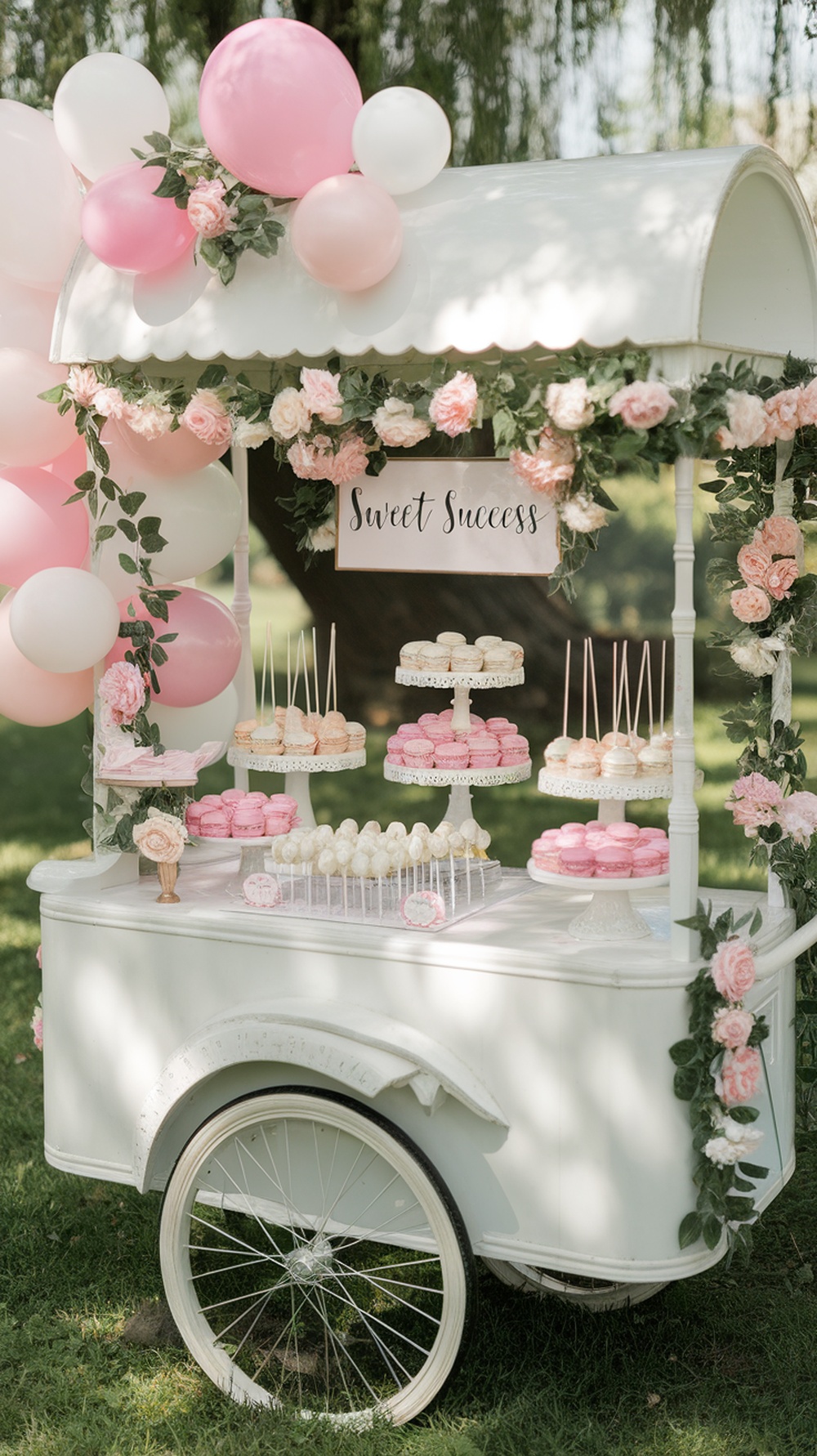 A blush and white dessert cart decorated with balloons and flowers, featuring various desserts like macarons and cake pops.