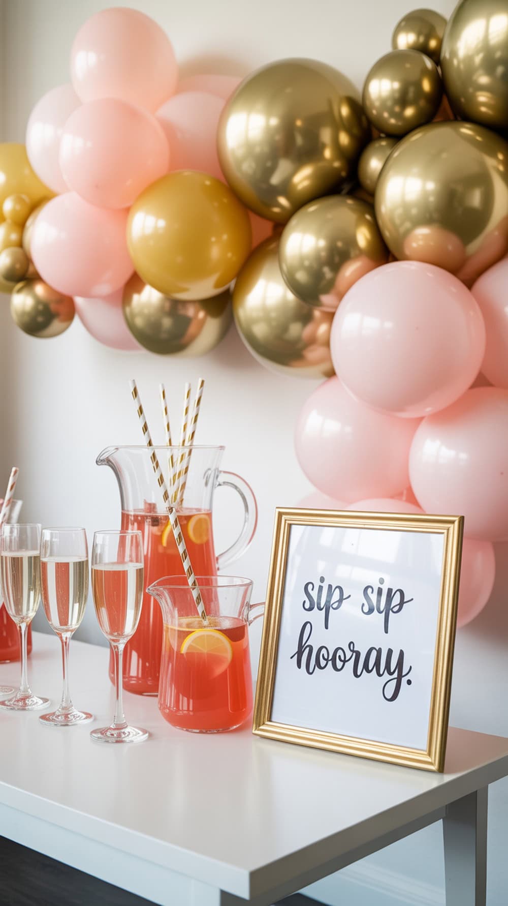 A graduation drink table with champagne flutes, a fruity punch in a pitcher, and a decorative balloon backdrop.