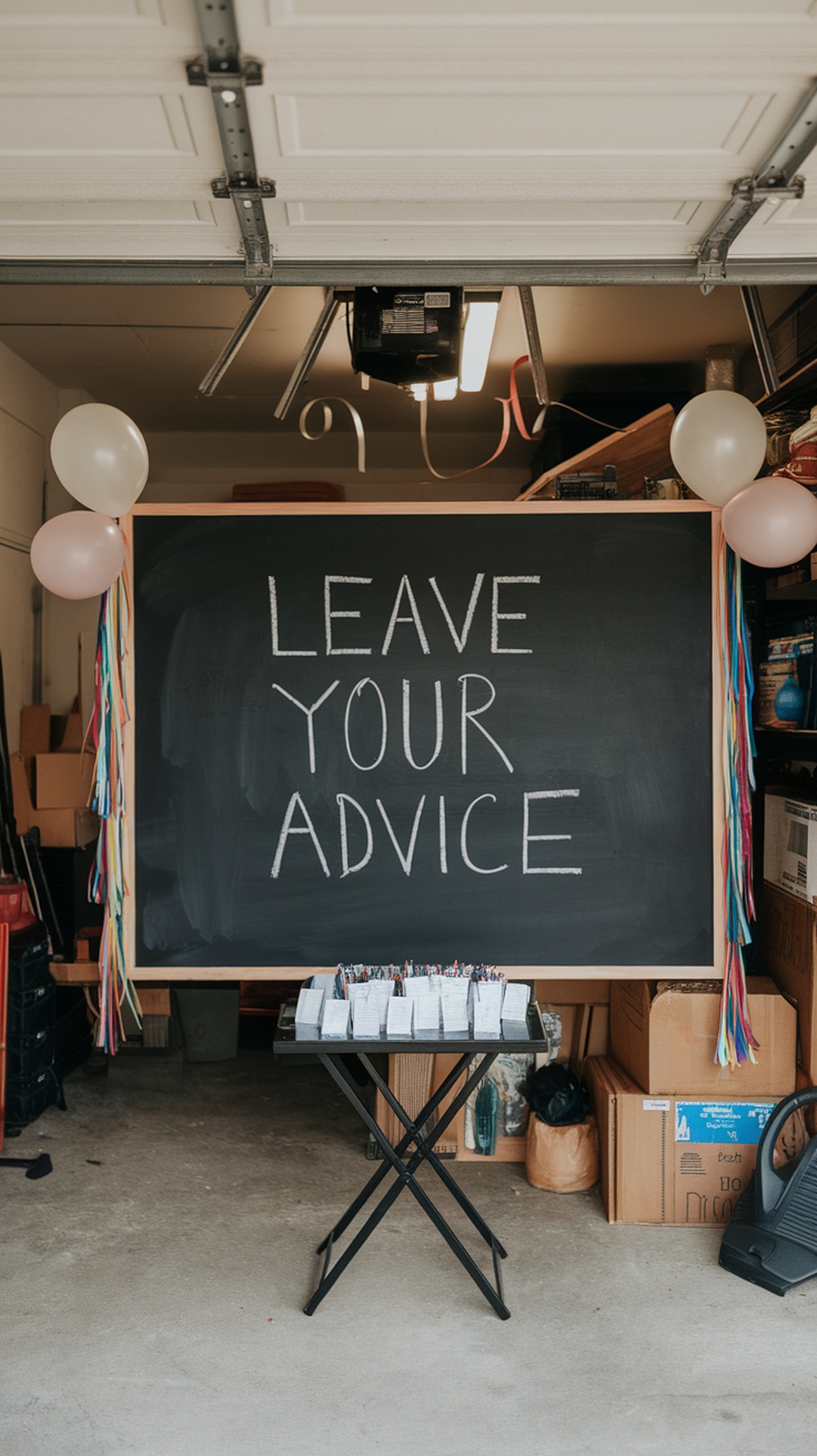 Chalkboard wall with the message 'Leave Your Advice' and a table with writing supplies for a graduation party.