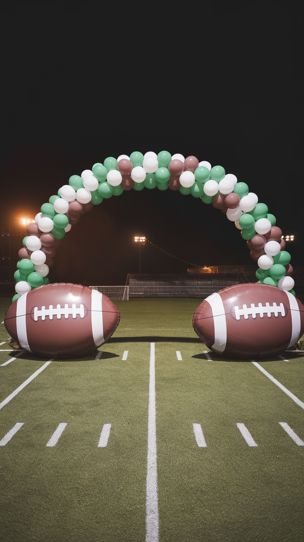 A colorful balloon arch in football theme with inflatable footballs at the base.