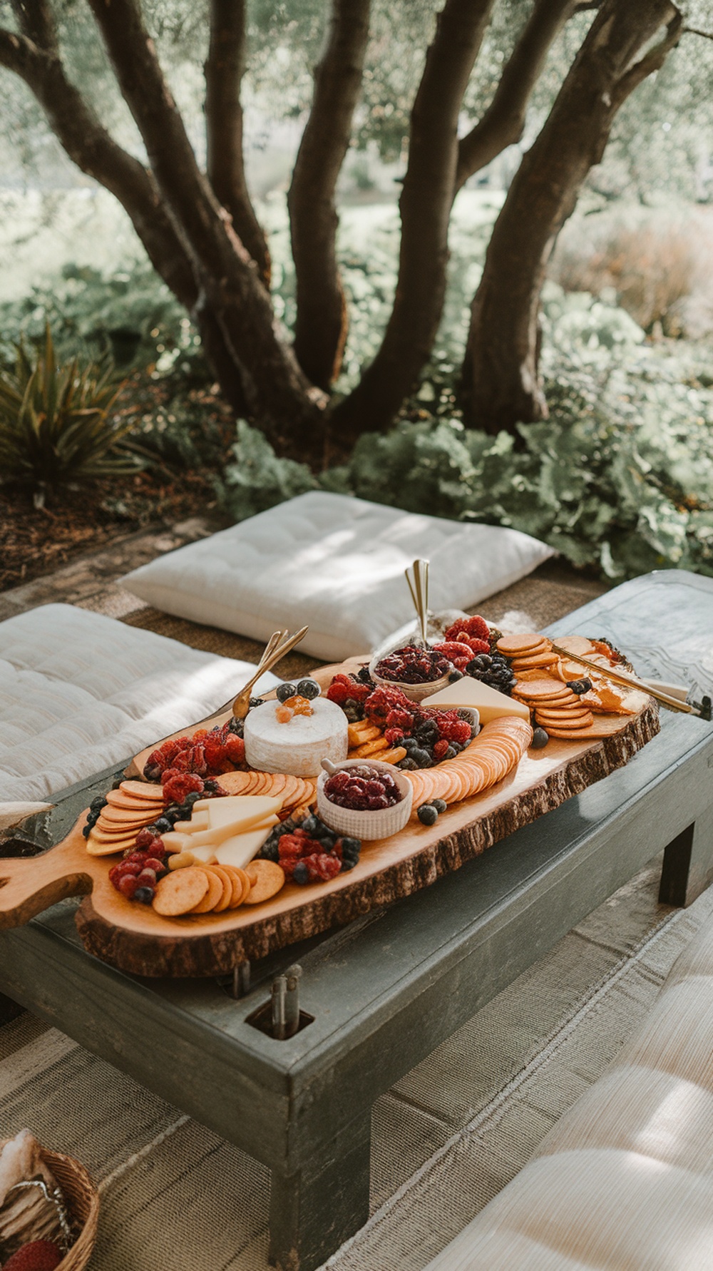A beautifully arranged graze board with cheeses, fruits, and crackers on a table in a backyard setting.