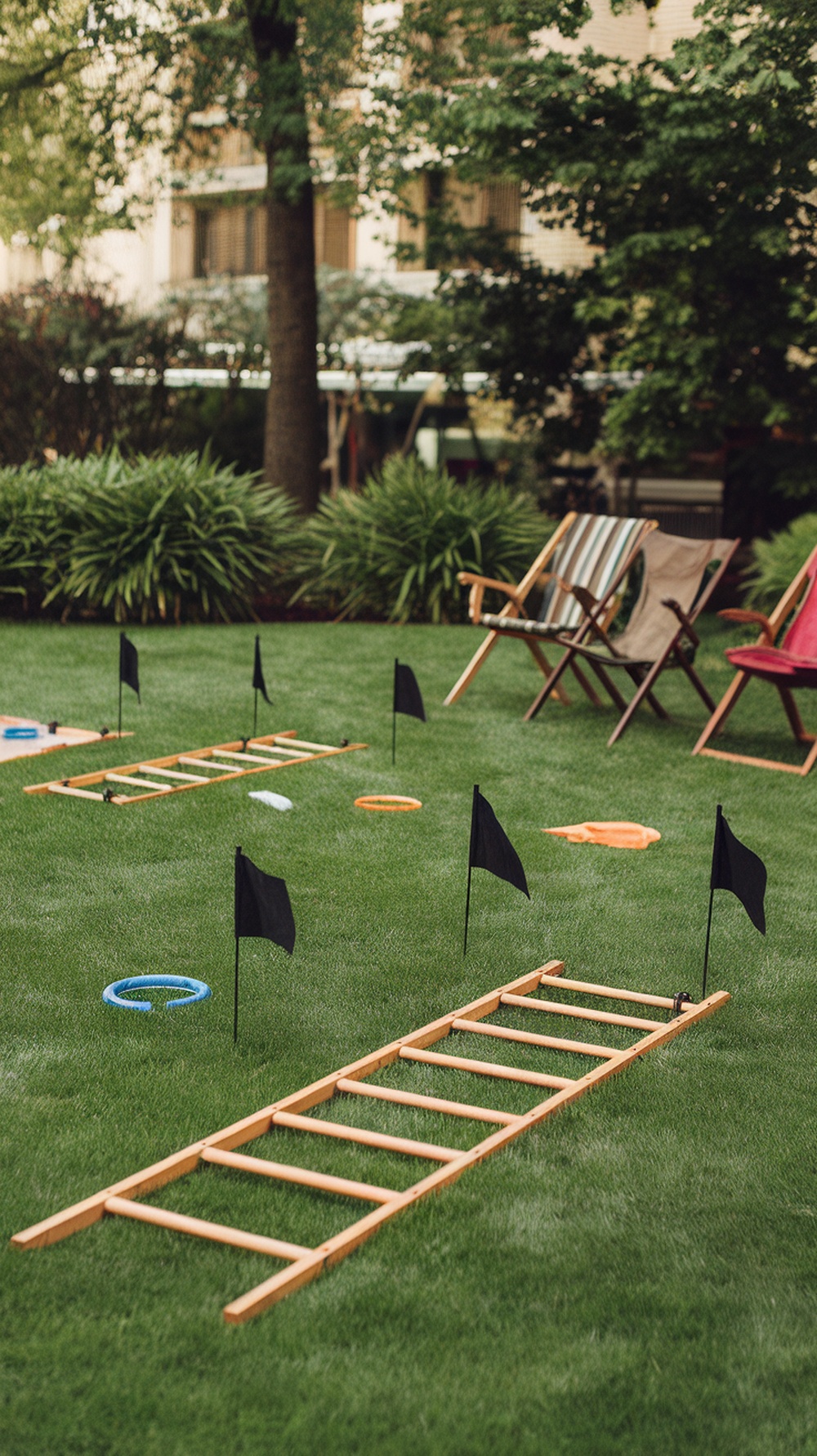 Lawn games setup for a backyard graduation party, featuring a wooden ladder game, colorful rings, and flags.