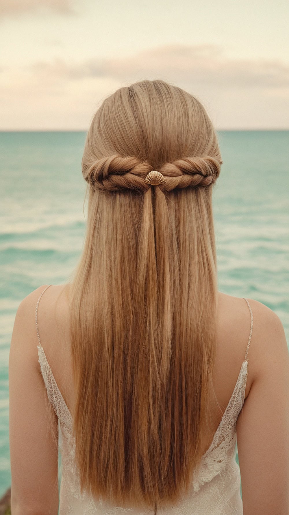 A woman with straight hair styled in a half-up twist secured with a shell clip, overlooking the ocean.