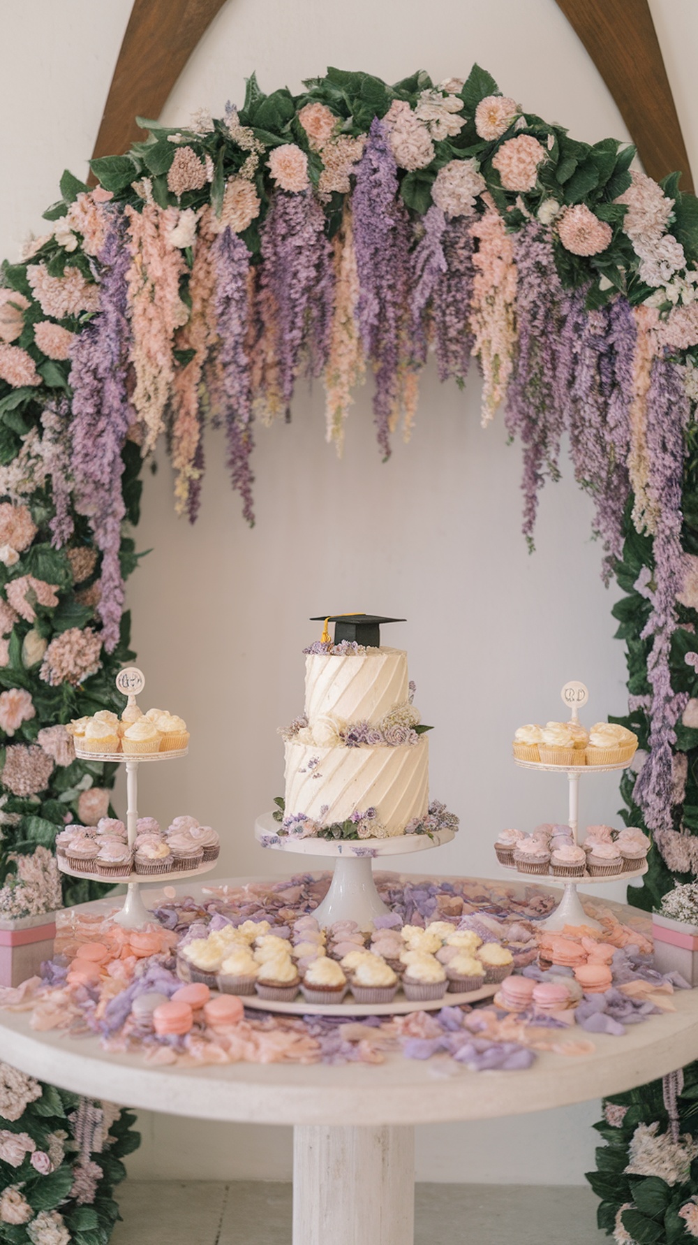 A beautifully arranged graduation cake display in a garden setting, featuring a tiered cake with a graduation cap, surrounded by cupcakes and floral decorations.