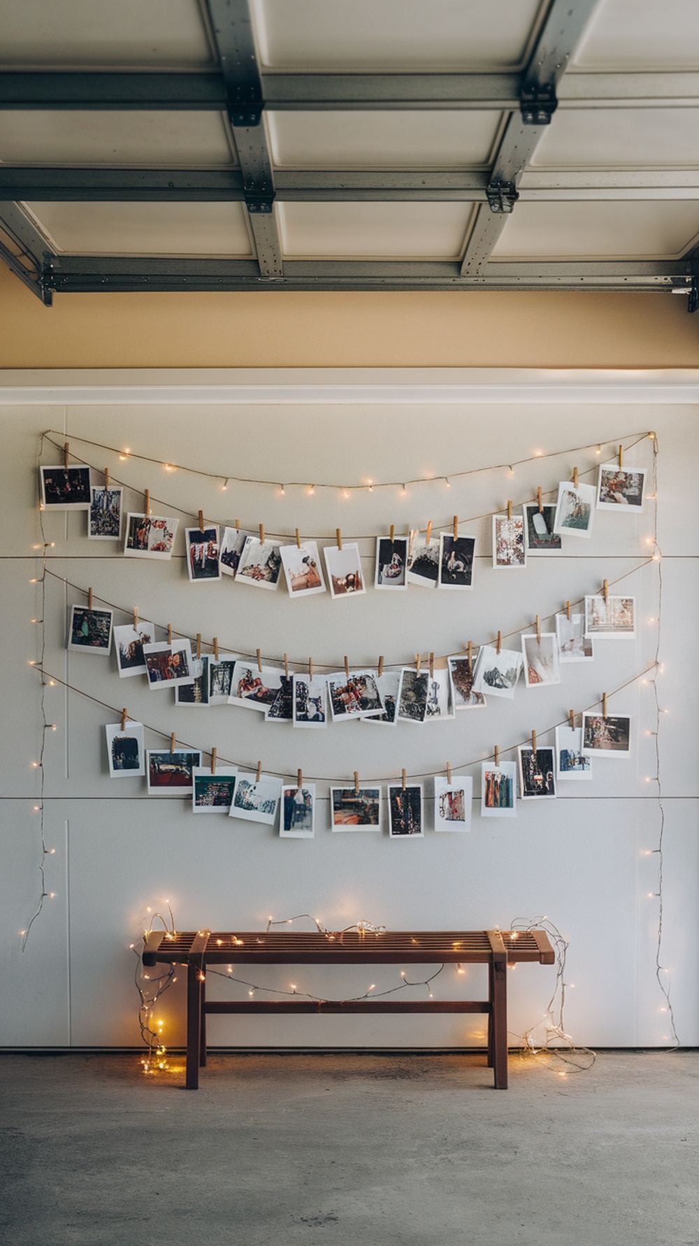 A garage wall decorated with a photo timeline display, featuring photos hung with clothespins and surrounded by fairy lights.