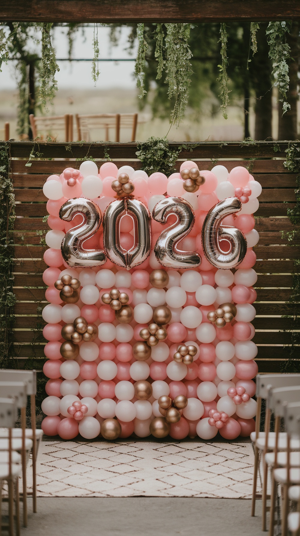 A pink and gold balloon photo wall with the year 2026 displayed prominently.