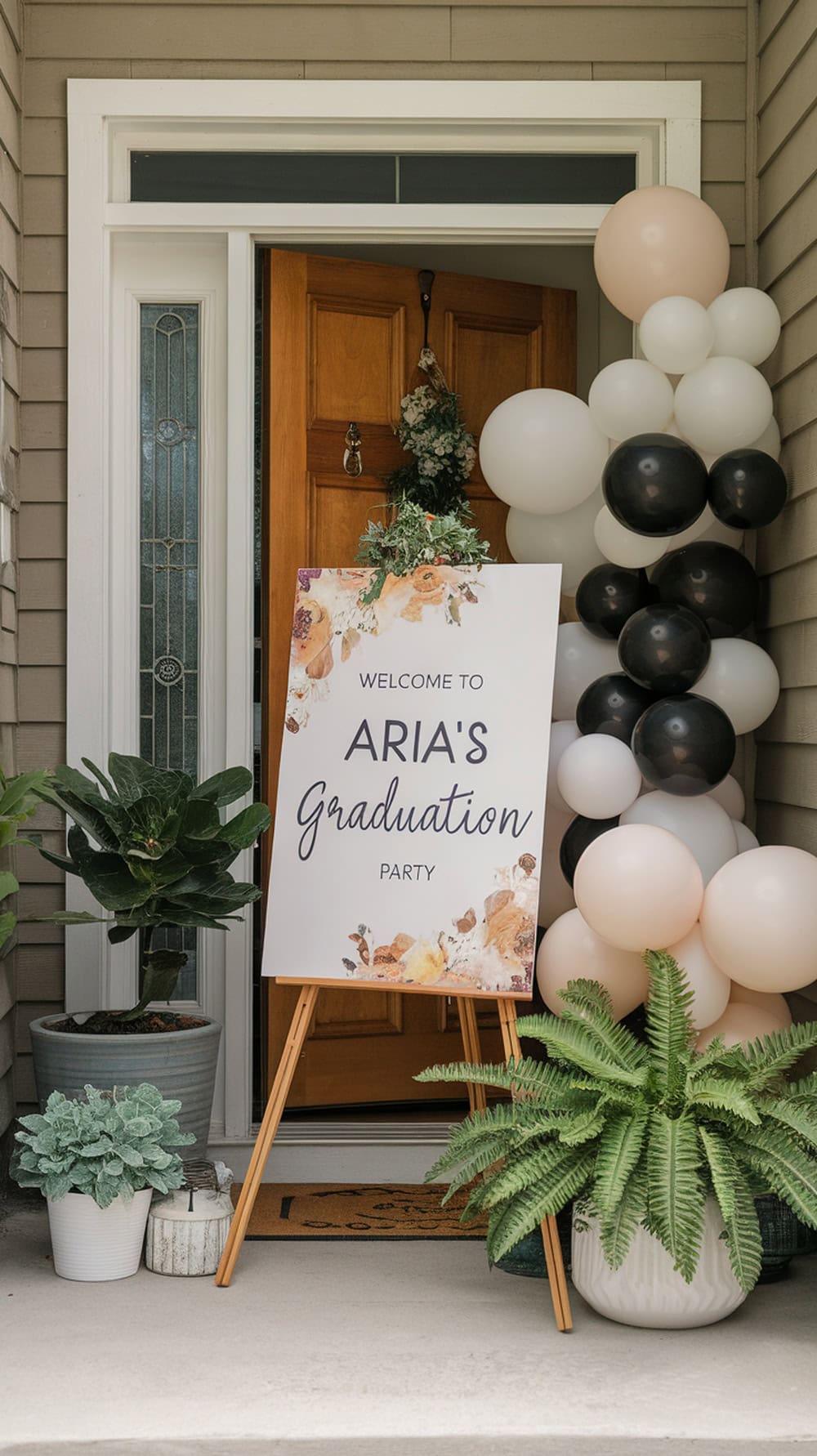 A decorative welcome sign for a graduation party displayed at the front door, surrounded by plants and balloons.