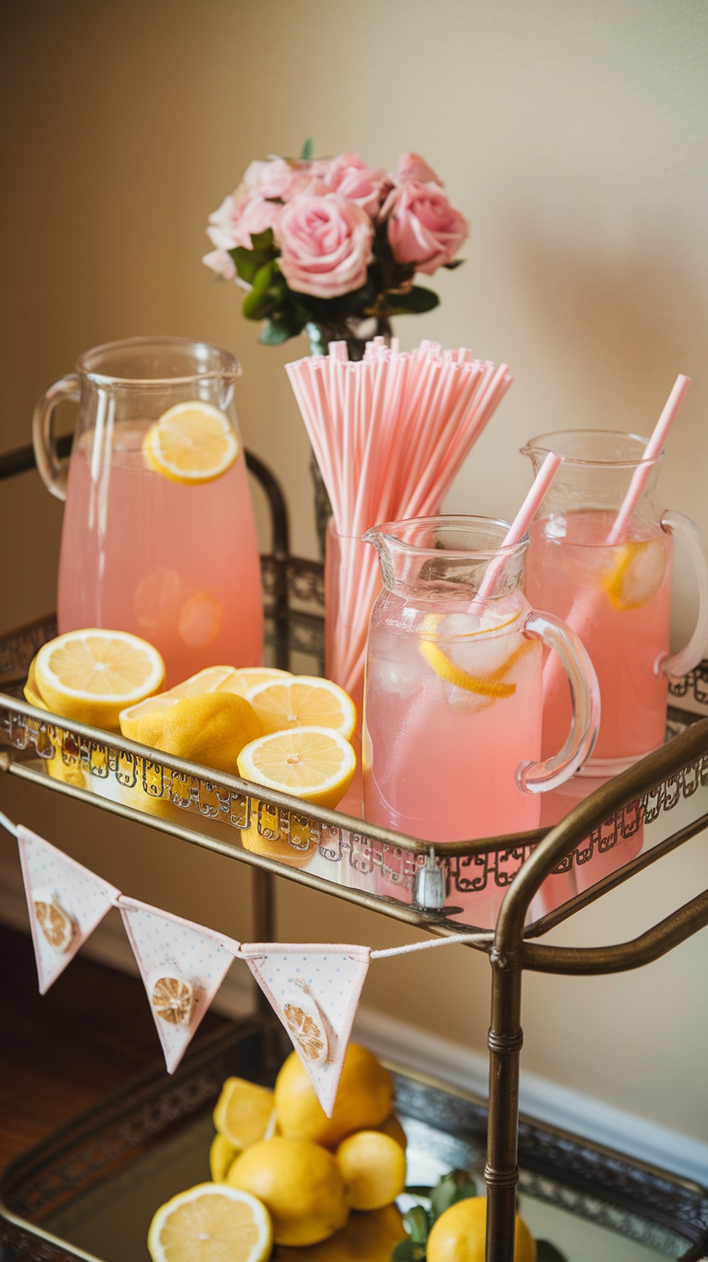 A stylish bar cart featuring pink lemonade in pitchers, pink straws, fresh lemons, and a bouquet of pink roses.