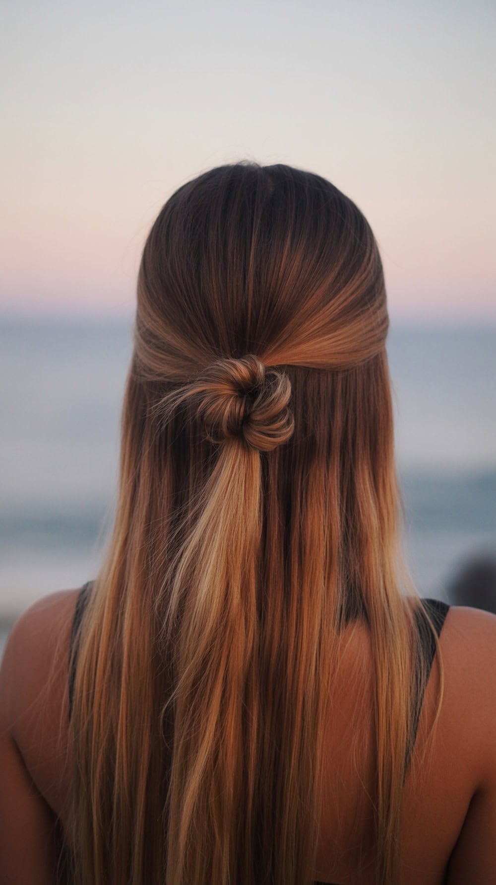 A woman with straight hair styled in a half-up knot with straight ends, showcasing a beach wedding hairstyle.