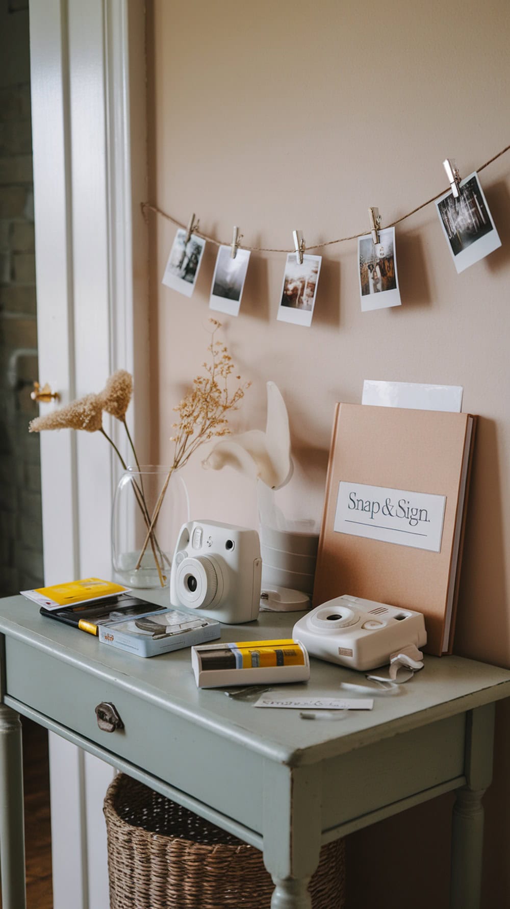 A Polaroid guestbook station with a camera, film, and hanging photos.
