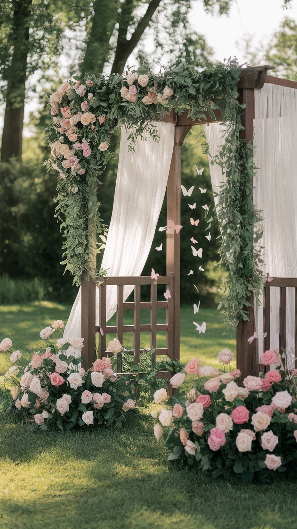 A floral photo arch decorated with roses and greenery, featuring hanging butterflies.