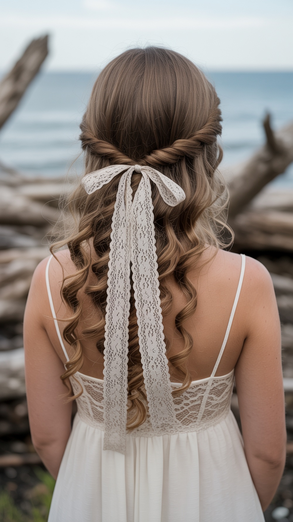 A woman with curly hair styled in a half-updo with a lace ribbon tie, wearing a light dress and standing near a beach.