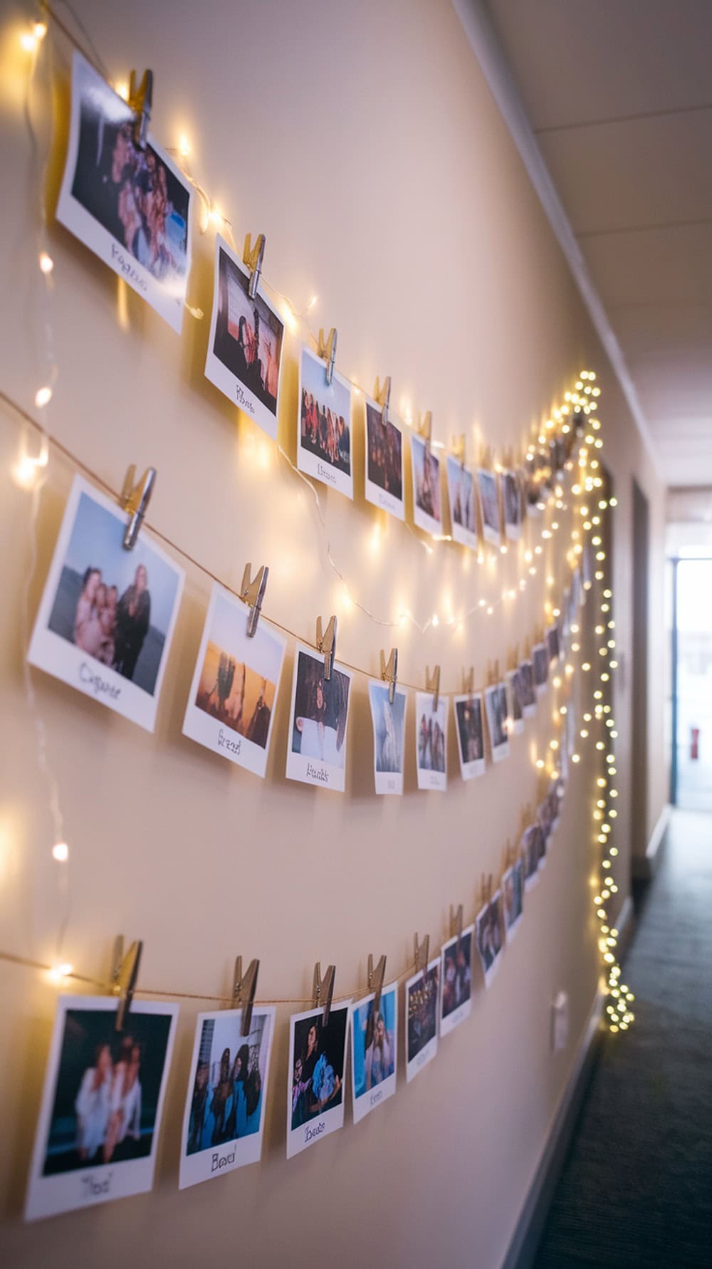 A wall decorated with photos and fairy lights, showcasing a memory timeline for a graduation party.