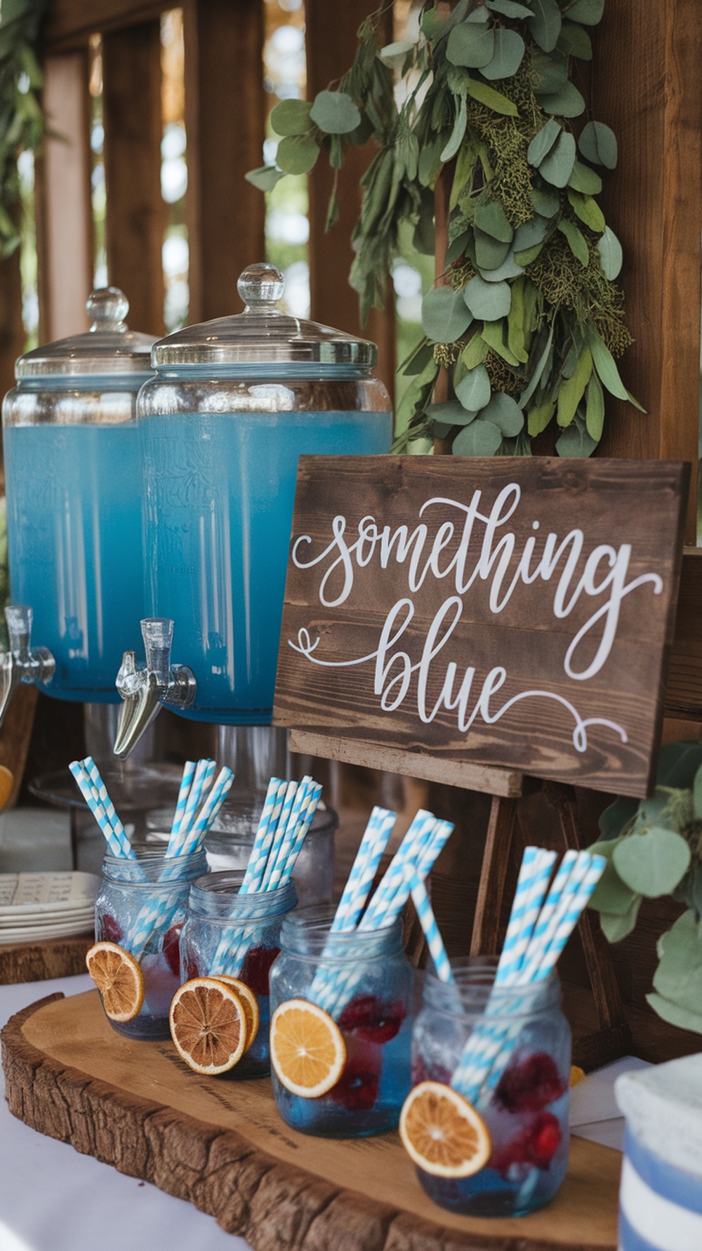 A drink station with blue beverages, mason jars, and a sign that says 'something blue.'