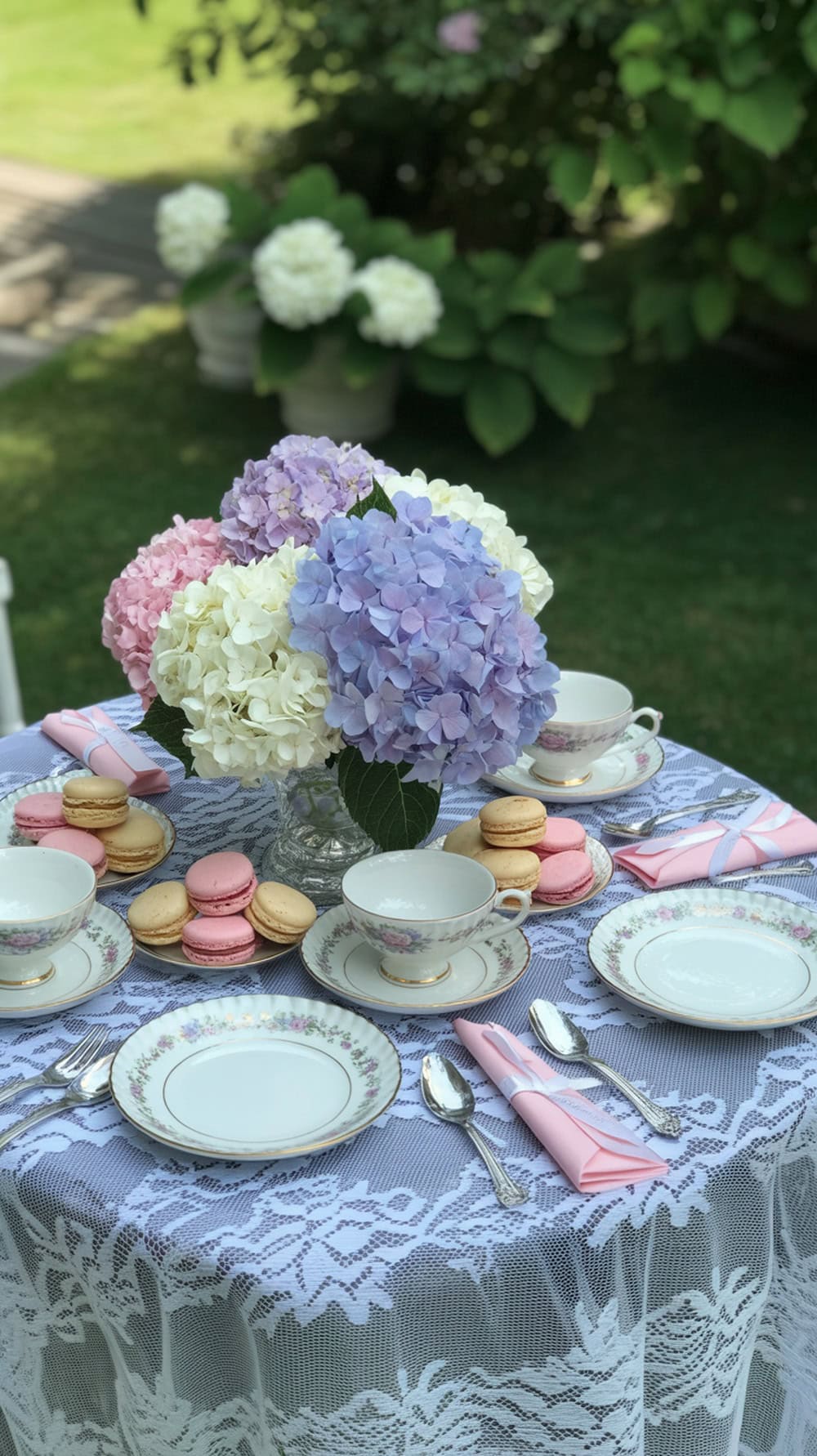 A beautifully arranged garden tea party table with hydrangeas, fine china, and macarons.