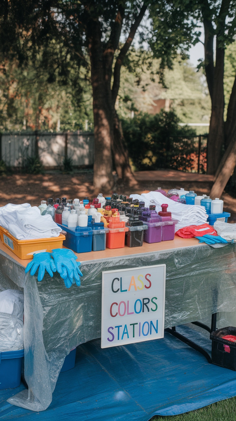 A DIY tie dye t-shirt station with colorful dye bottles and white t-shirts ready for decoration.
