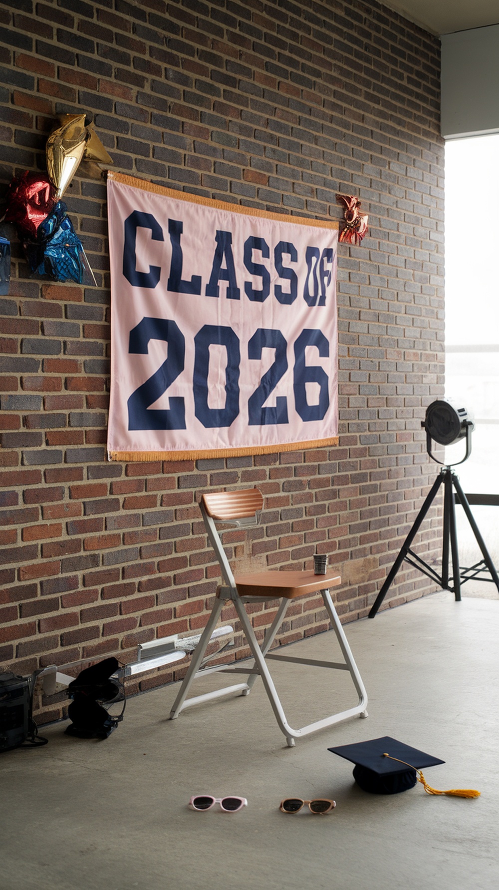 DIY photo booth setup with a brick backdrop and graduation theme