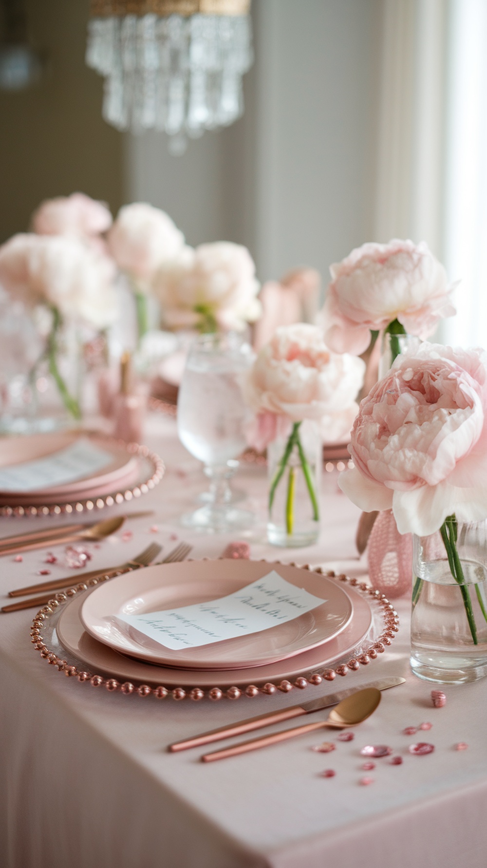 A beautifully arranged pink tablescape featuring peonies, pink plates, and rose gold cutlery.