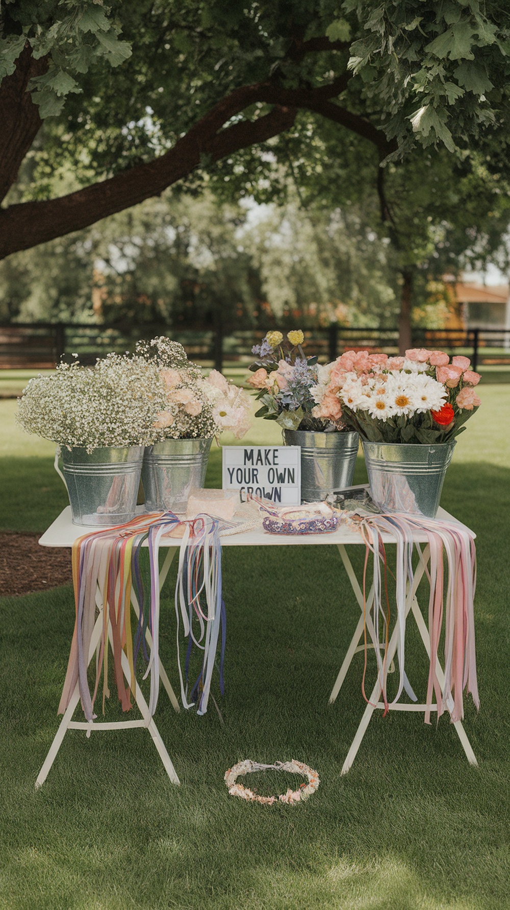 A backyard flower crown bar with flowers and ribbons for crafting