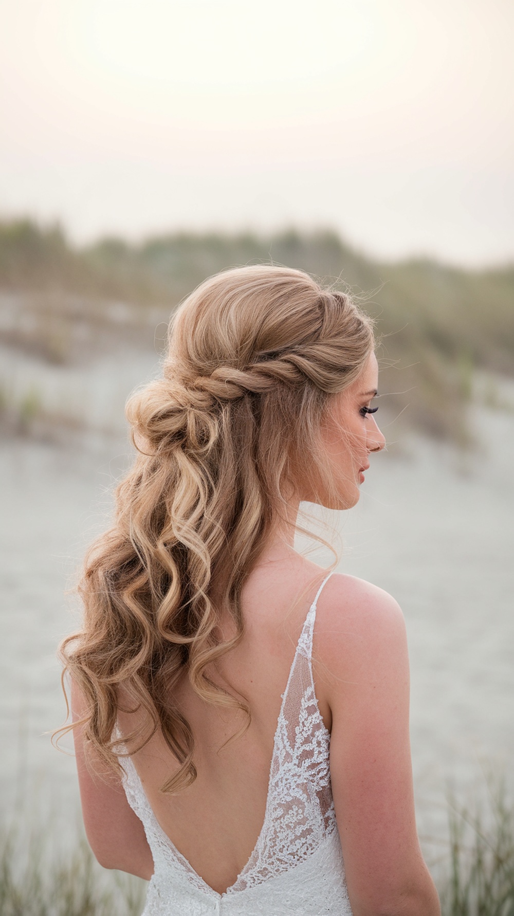 A woman with curly hair styled in a half up chignon with loose curls cascading down her back, perfect for a beach wedding.