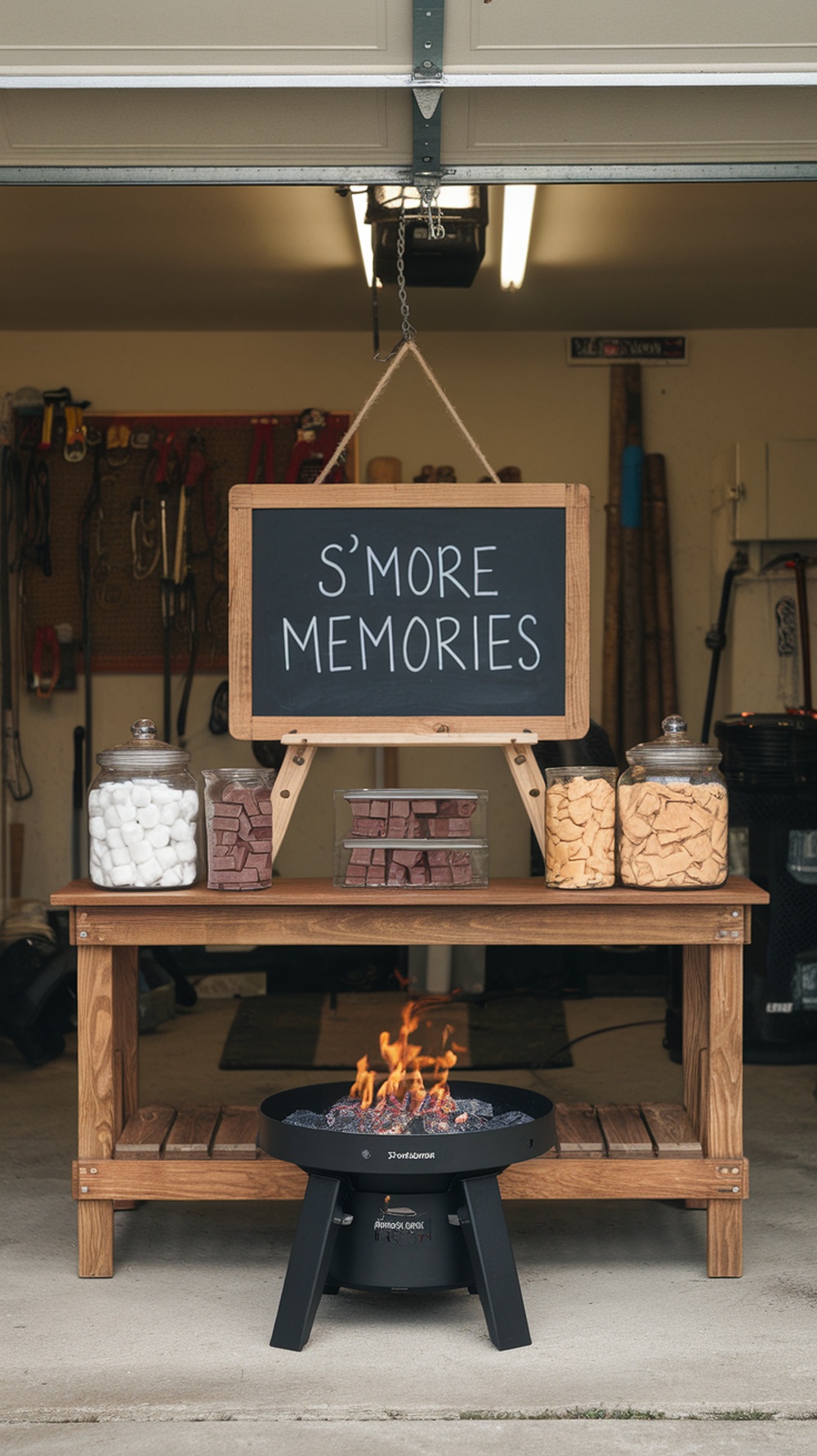 A cozy garage setup for a S'mores station with jars of ingredients and a fire pit.