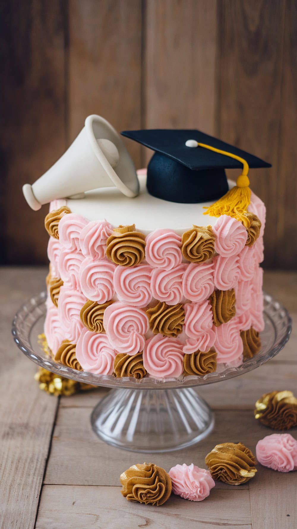 A graduation cake decorated with pink and gold frosting, featuring a graduation cap and a cheer megaphone on top.