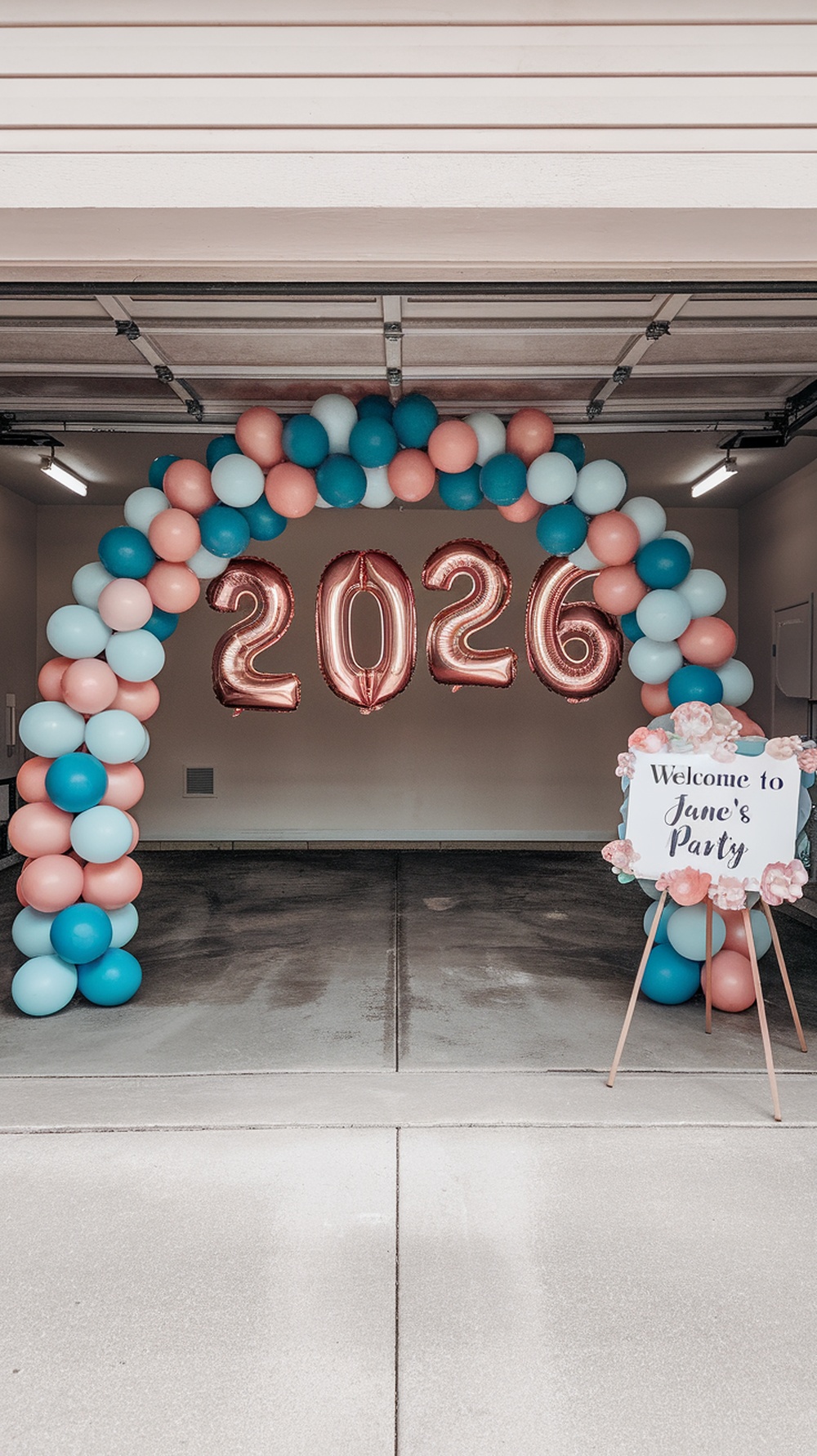 A colorful balloon arch at a garage entrance with a welcome sign.