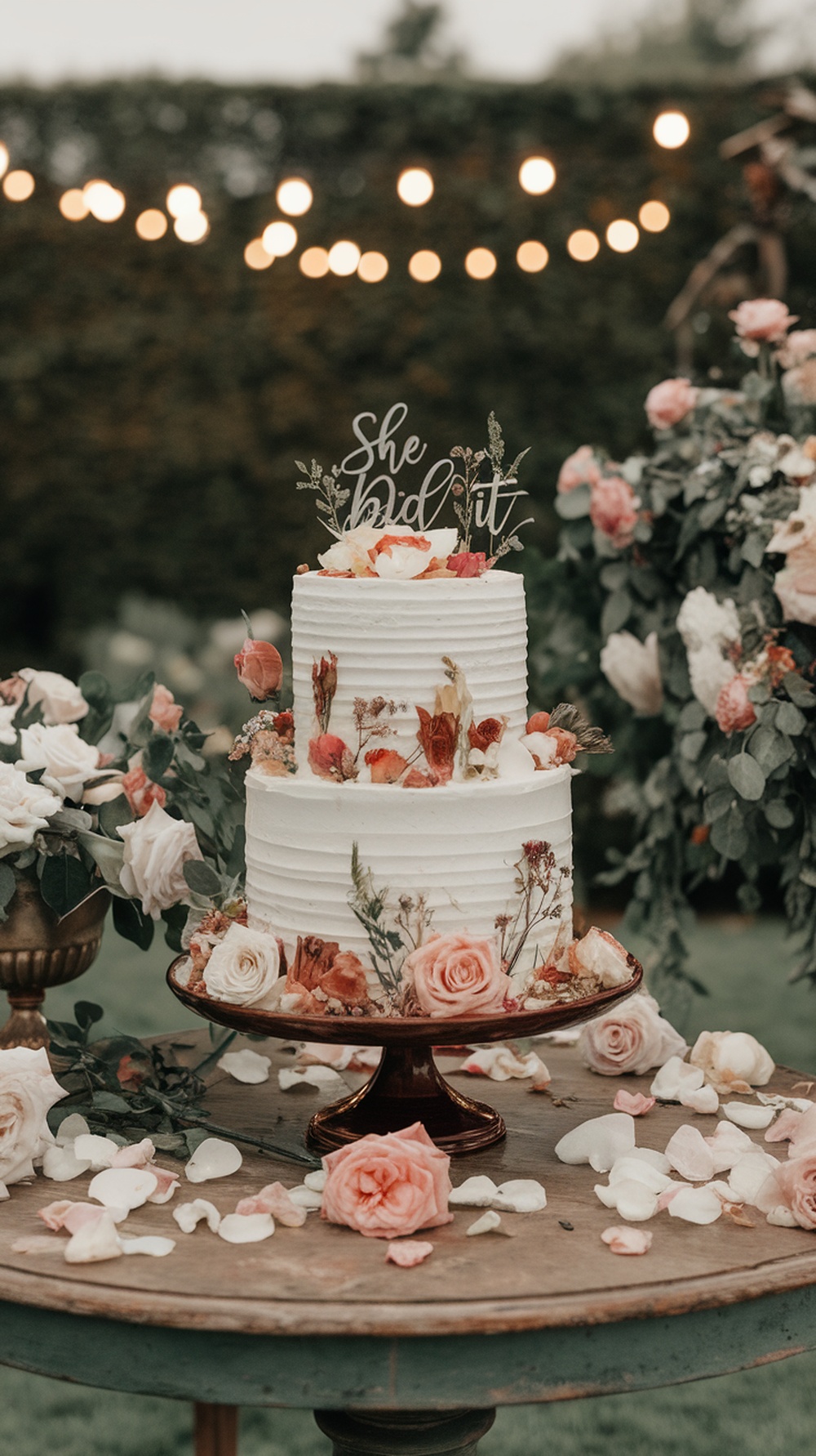 A graduation cake decorated with flowers on a garden table, surrounded by petals and greenery.