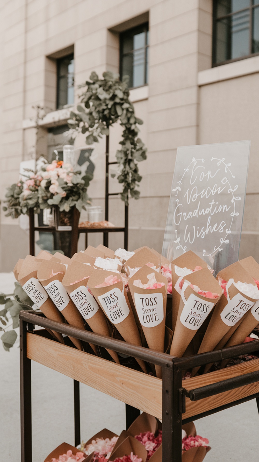 A DIY flower cone favor station with cones filled with flower petals and a sign that says 'Toss Some Love' for a graduation party.