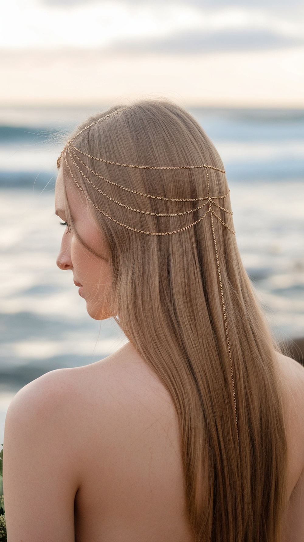 A woman with straight hair adorned with a delicate chain headpiece, standing by the beach.