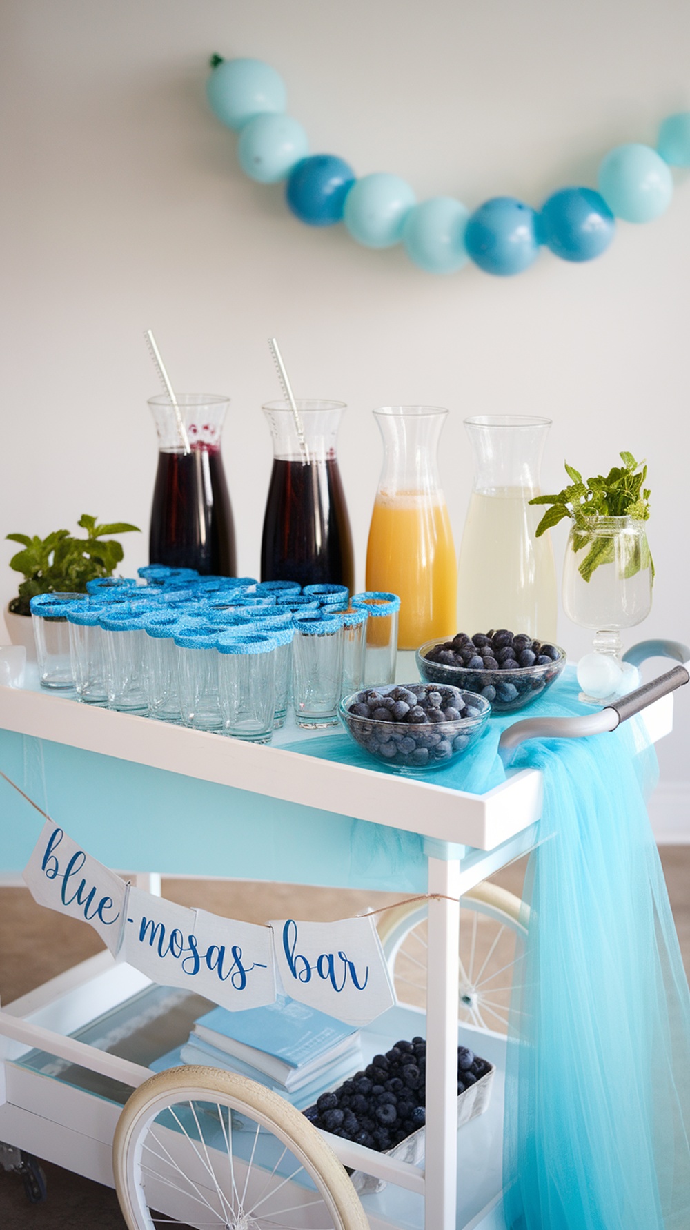 A beautifully arranged blue mimosa bar with pitchers of juice, glasses with blue sugar rims, fresh blueberries, and mint.