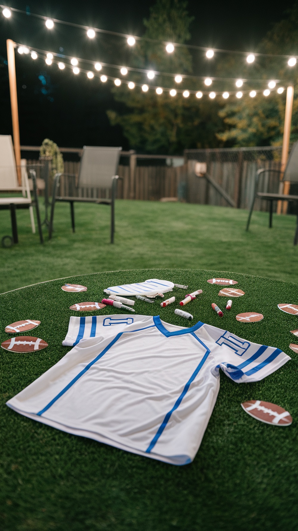 Outdoor jersey guest book table with a football jersey and cards for guests to write messages.