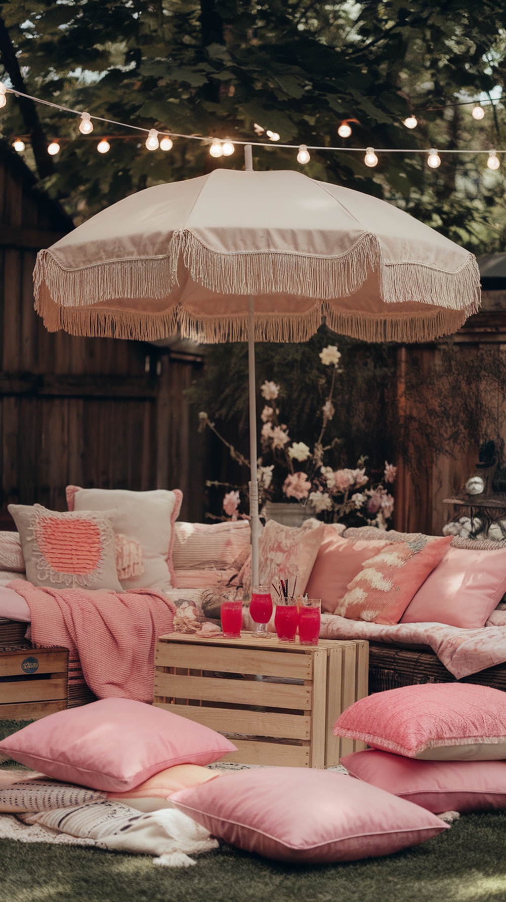 A cozy outdoor picnic lounge with pink cushions, a stylish umbrella, and refreshing pink drinks.