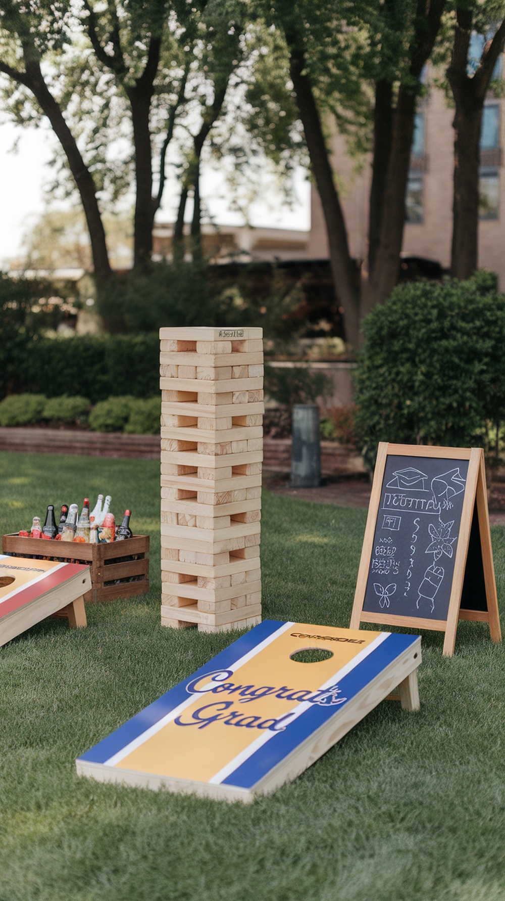 Outdoor lawn game corner with cornhole boards, giant Jenga, and a drink station.