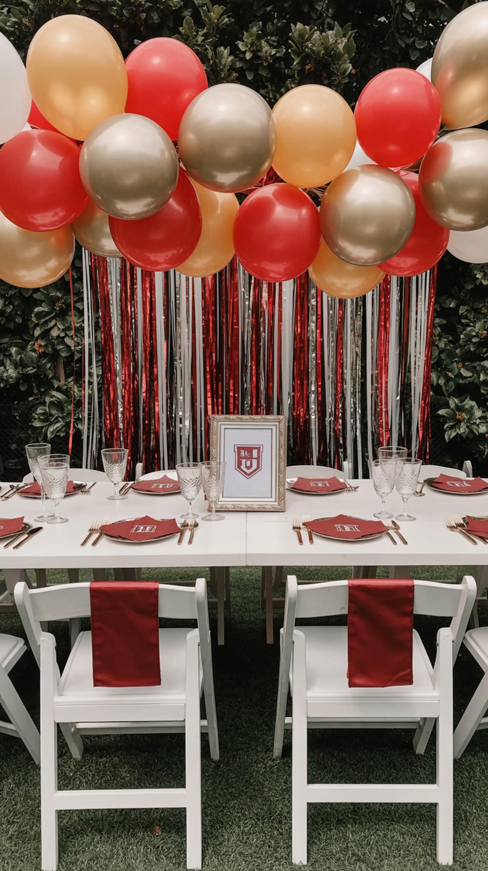 A graduation party table decorated with red, gold, and white balloons, elegant glassware, and school-themed centerpieces.