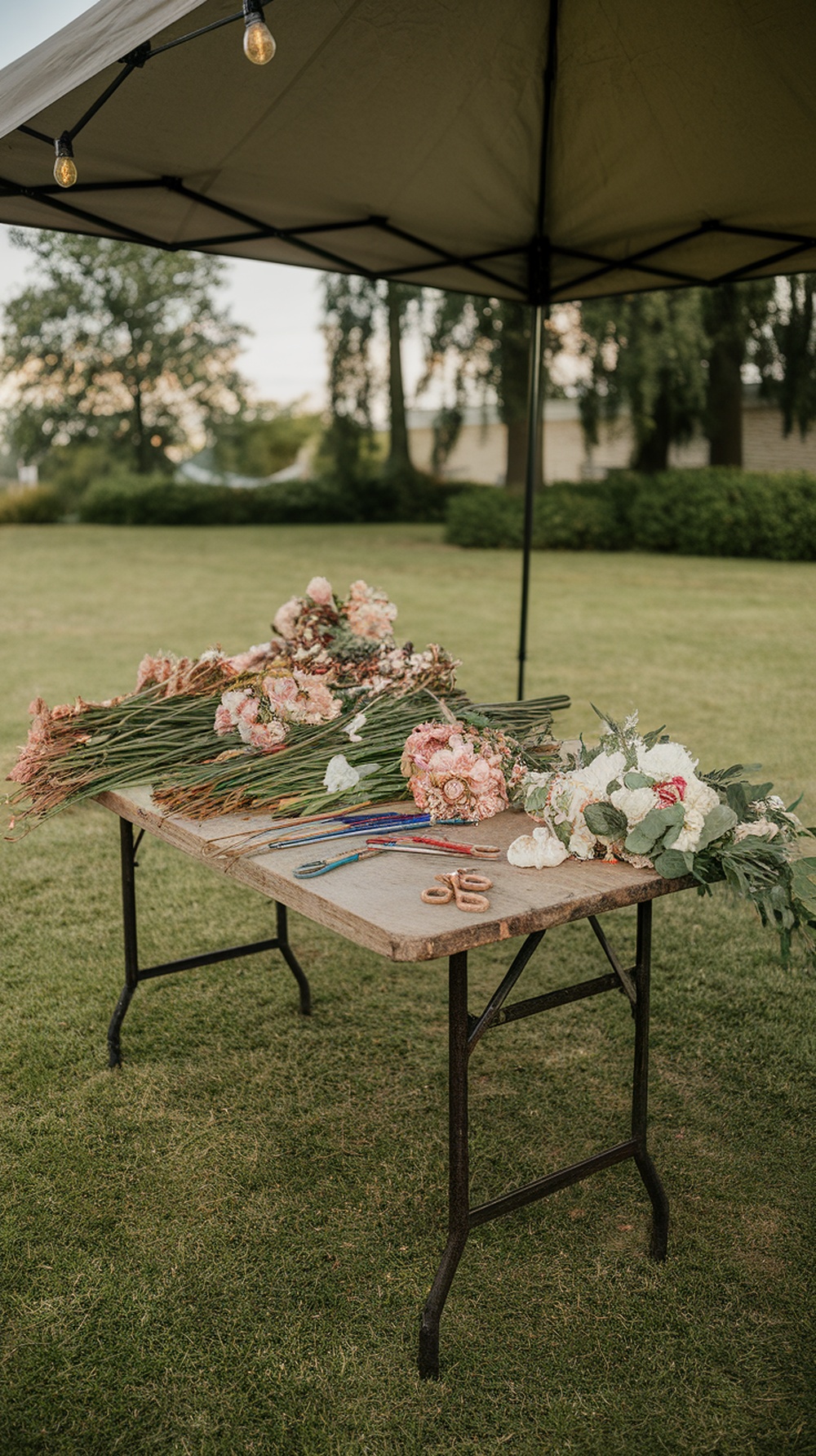 A craft table set up for making flower crowns, featuring various flowers, scissors, and ribbons under a tent.