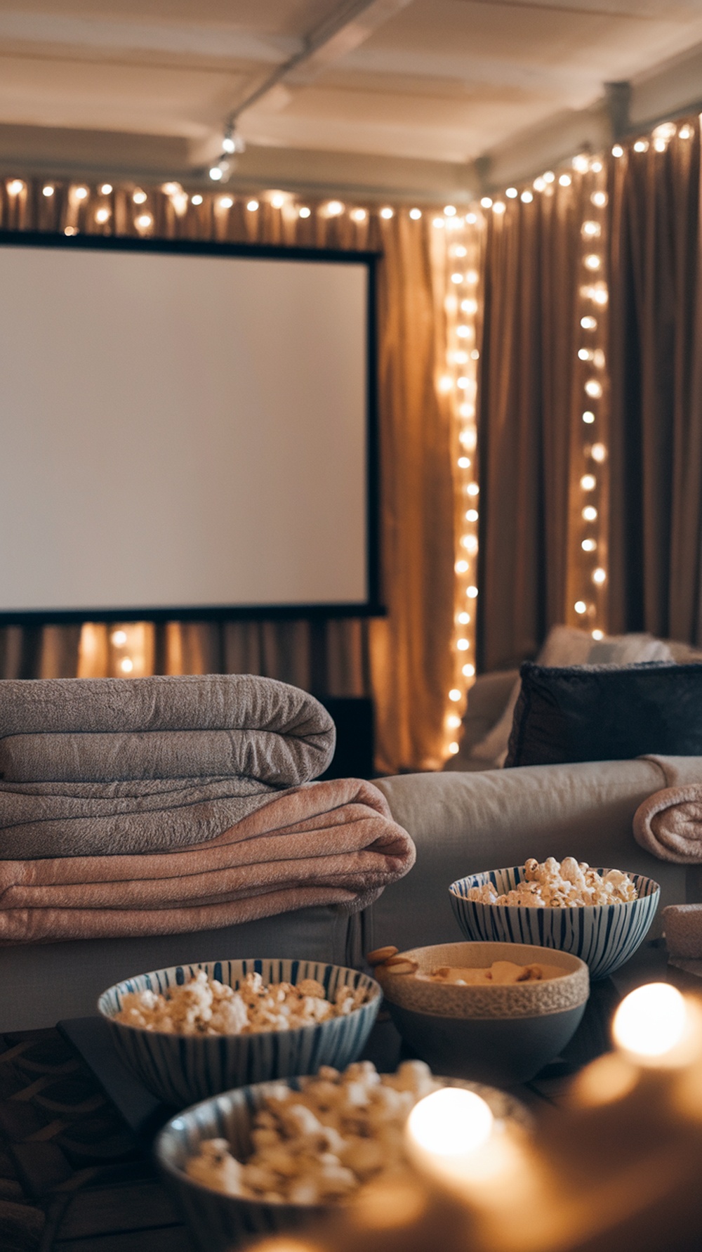 Cozy living room setup for a graduation movie night with blankets, popcorn, and fairy lights.