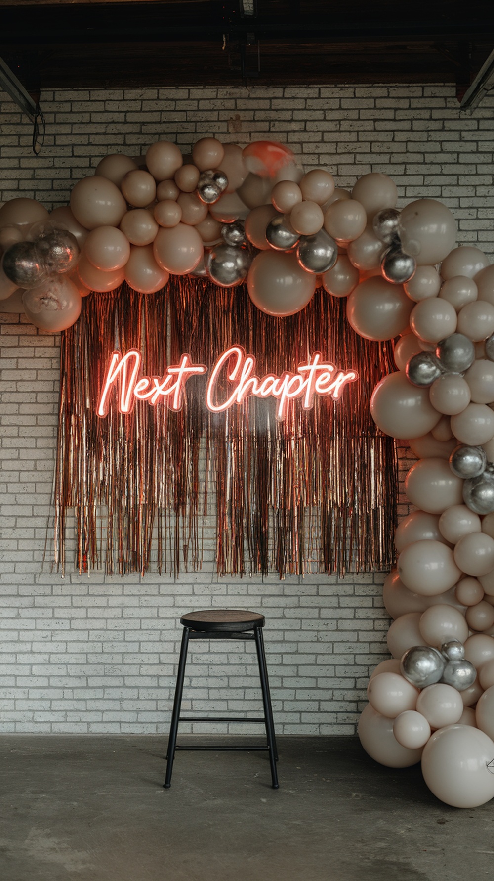 Neon sign reading 'Next Chapter' surrounded by a balloon arch in an industrial setting
