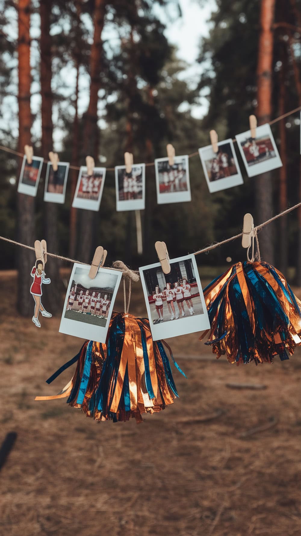 A clothesline decorated with cheerleading photos and colorful pom-poms in a forest setting.