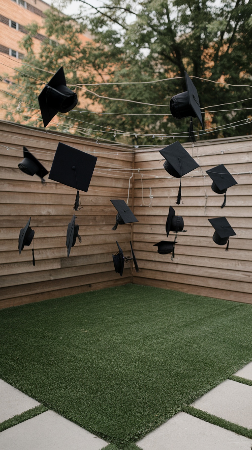 A setup for graduation cap toss photos with hanging black caps in a backyard.