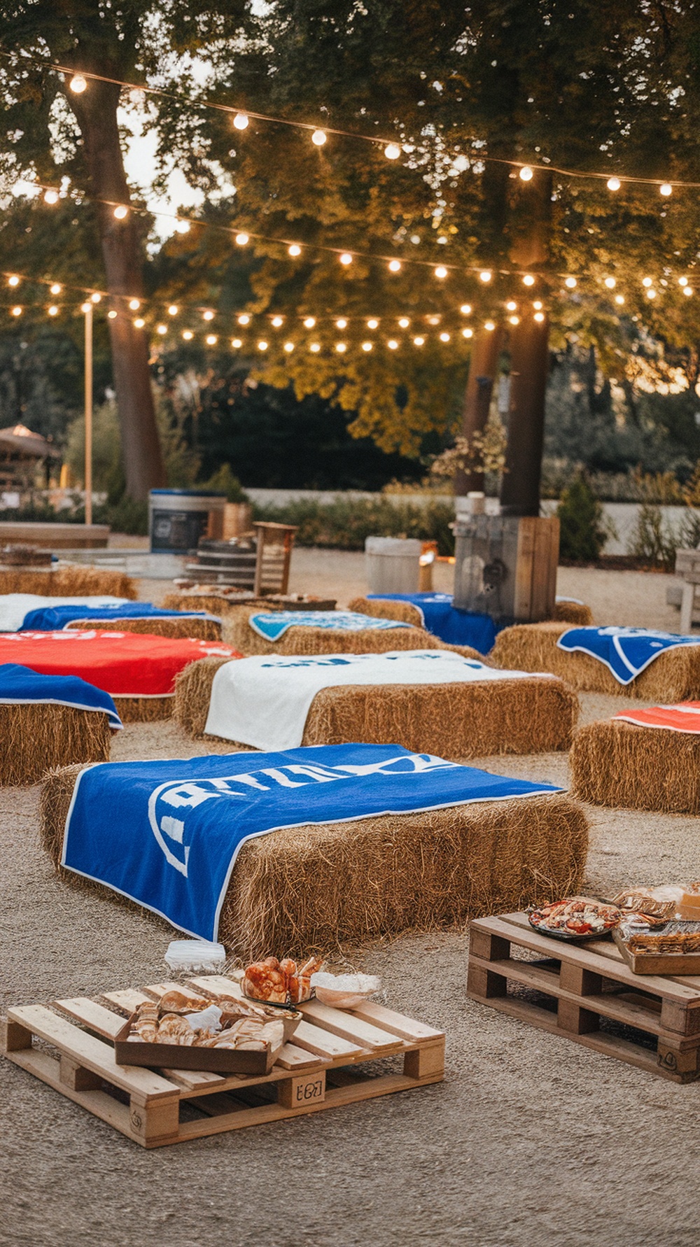 A cozy football field seating lounge with hay bales and team blankets, decorated with string lights.