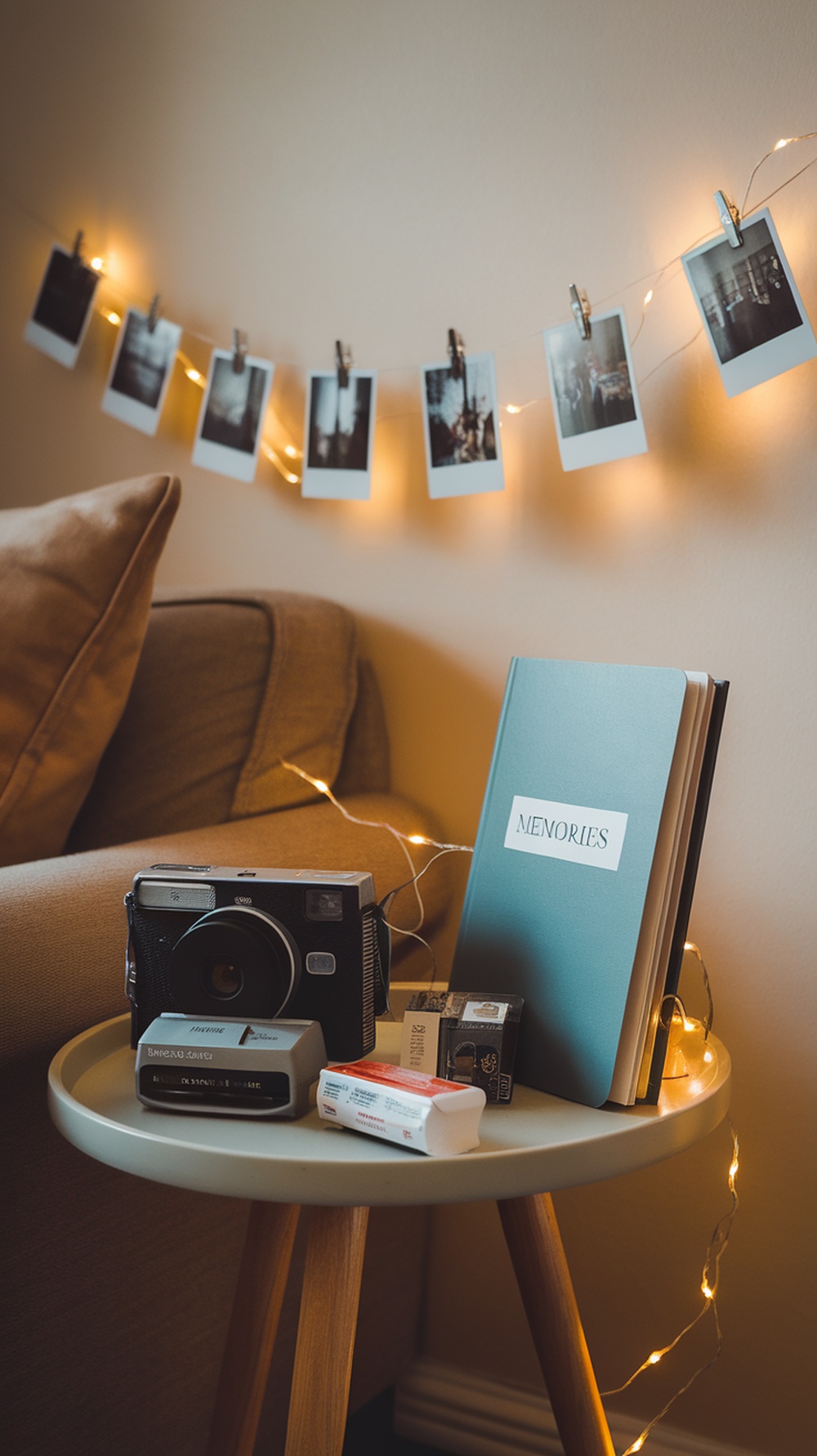 A cozy Polaroid memory corner with a vintage camera, a scrapbook, and photos hanging on a string with lights.