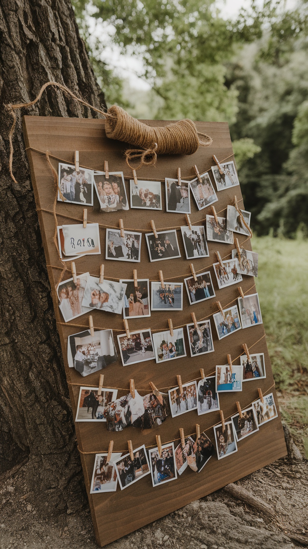 A wooden photo board displaying various pictures clipped with clothespins, showcasing a timeline of memories.