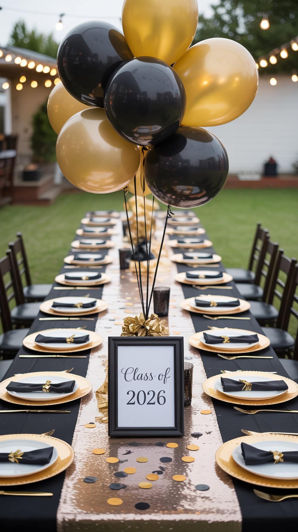 A beautifully set graduation party table with black and gold decorations, featuring balloons, plates, and a centerpiece.