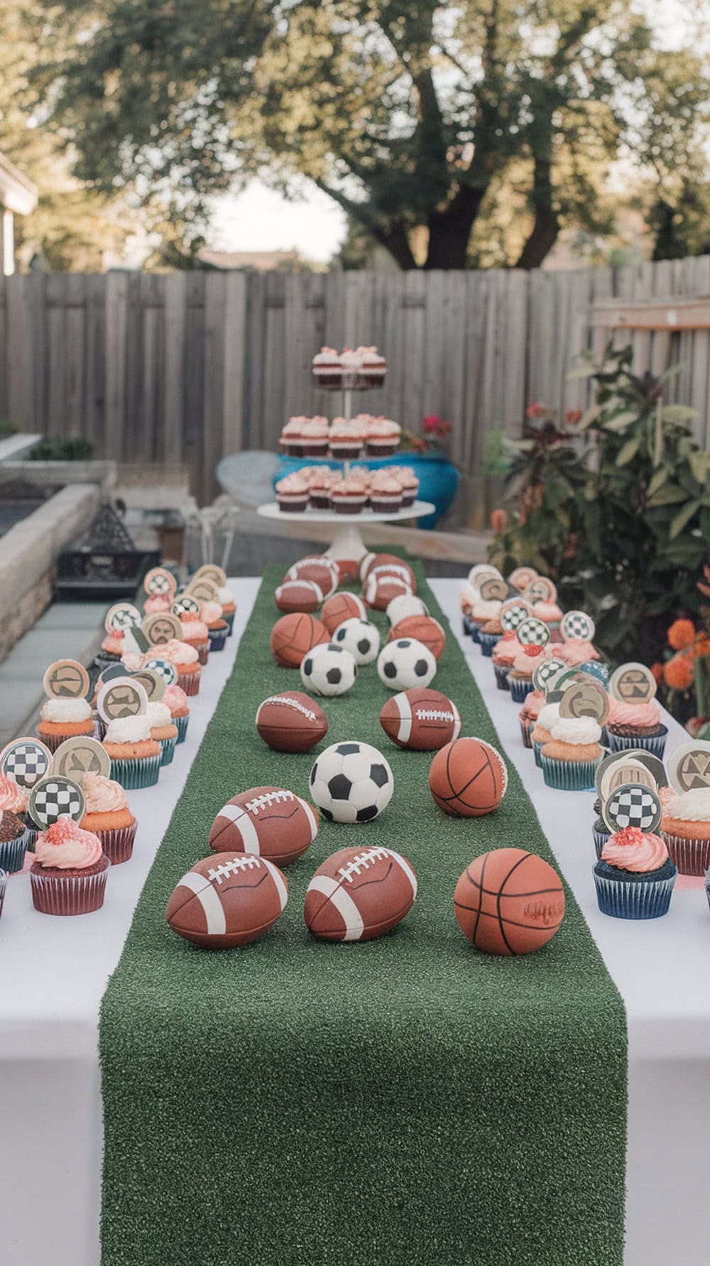 A graduation party table decorated with sports-themed items, including cupcakes, footballs, and soccer balls.