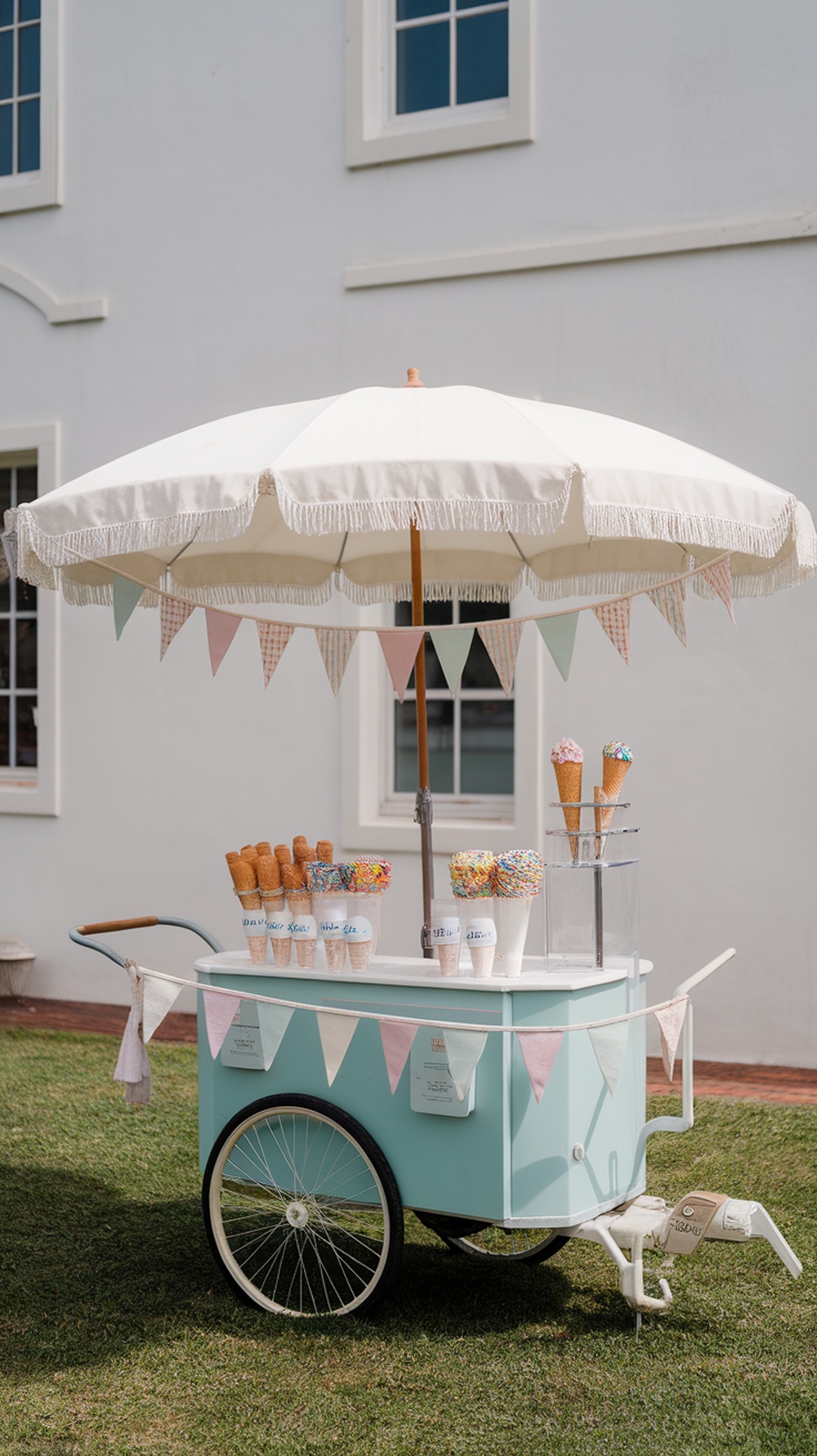 A charming outdoor ice cream cart setup with colorful cones and a large umbrella.