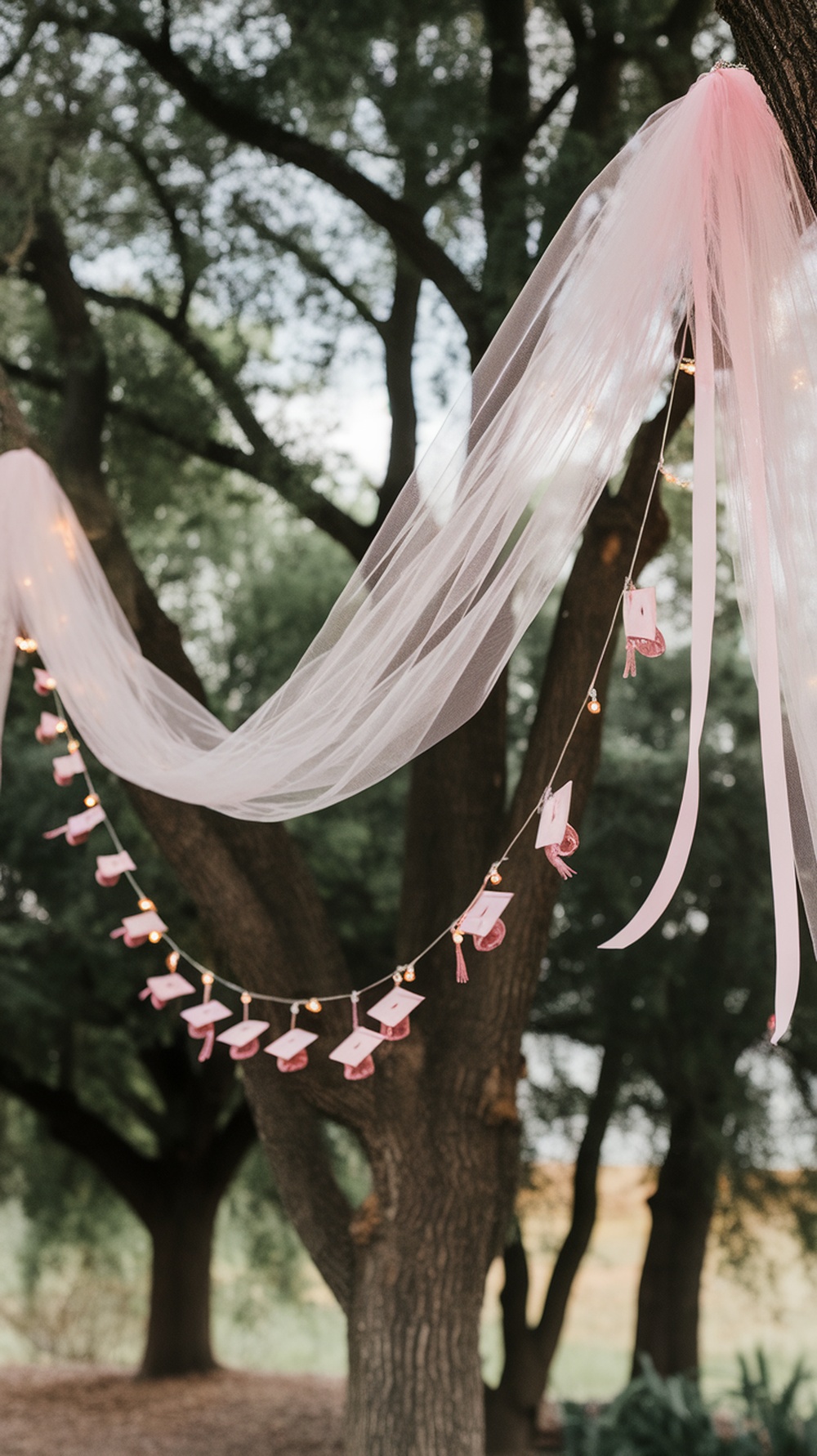 A pink tulle grad cap banner display with fairy lights and mini graduation caps hanging from it.