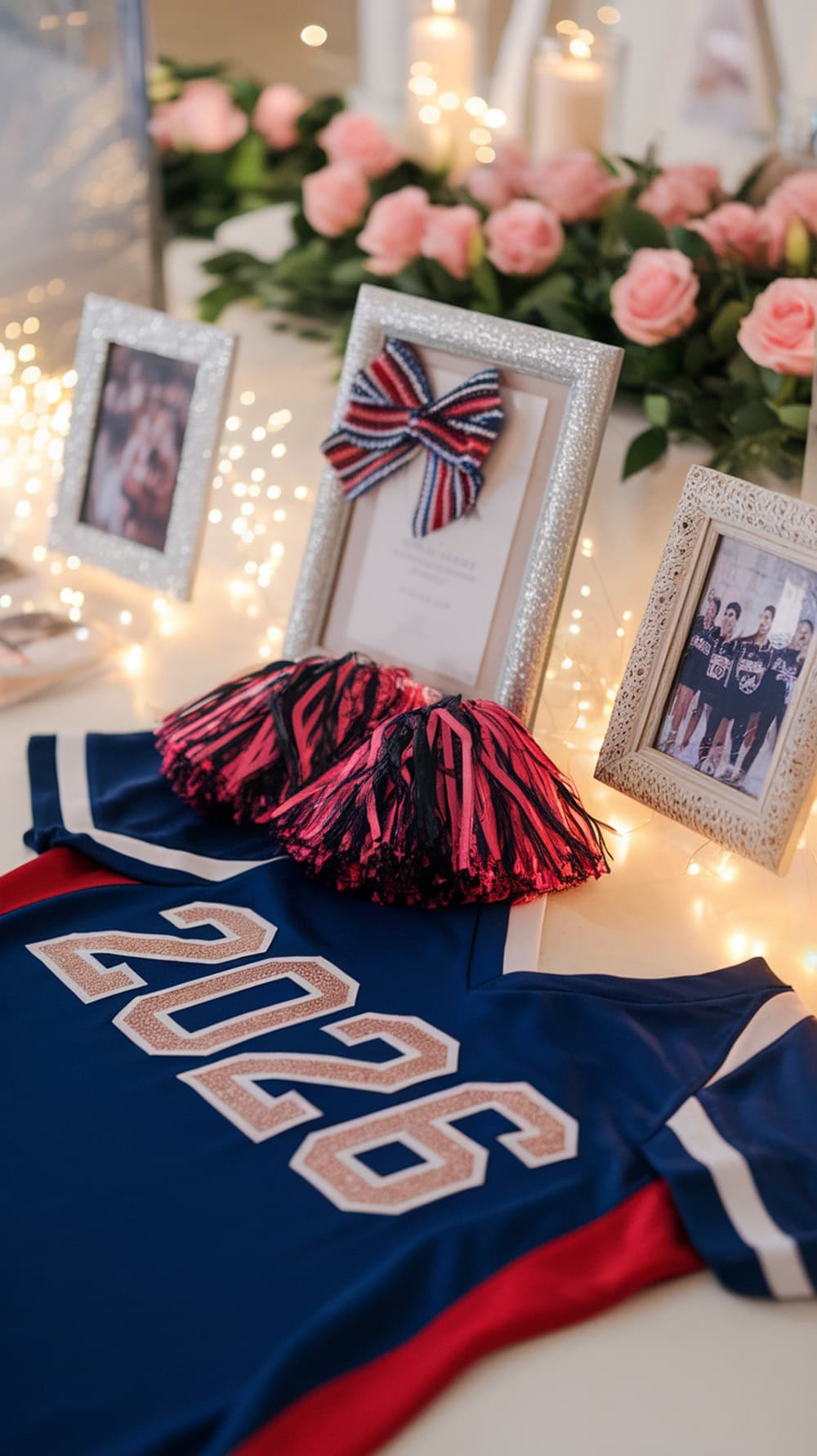 A graduation display table featuring a cheer uniform, pom-poms, framed photos, and decorative flowers.