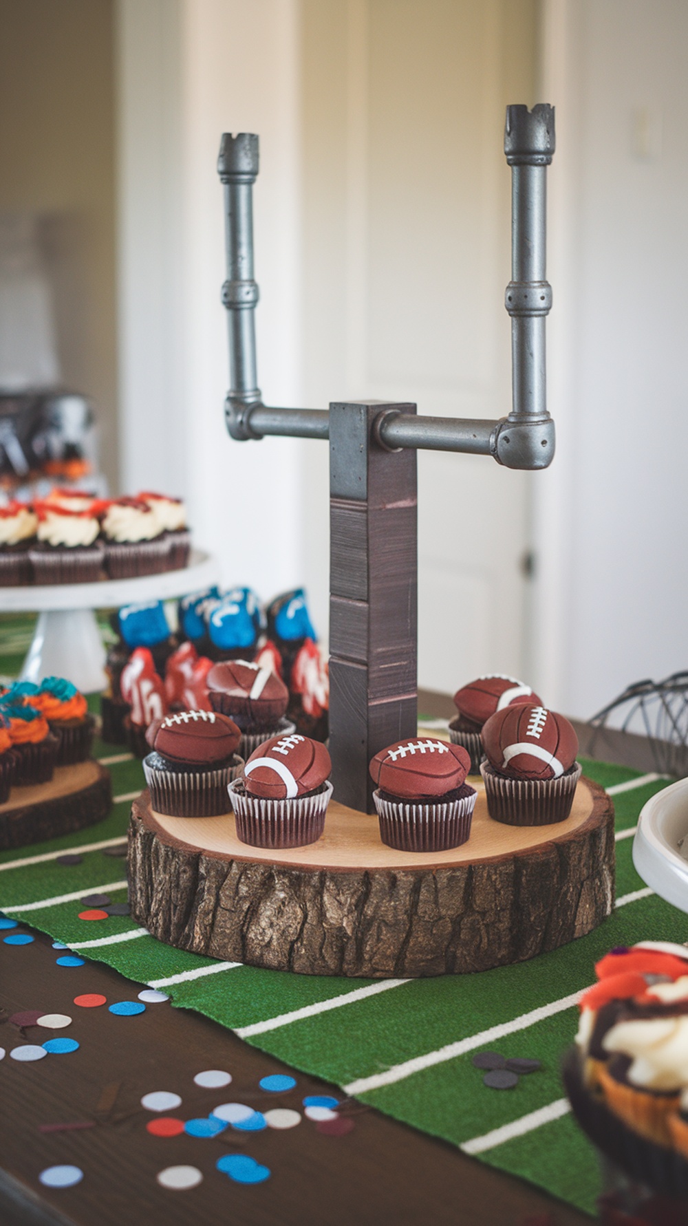 A cupcake display table featuring a goal post made of pipes, surrounded by football-themed cupcakes on a wooden base.